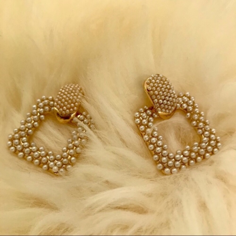 ZARA Pearl Earrings Square Doorknocker Large Gold - Picture 6 of 6